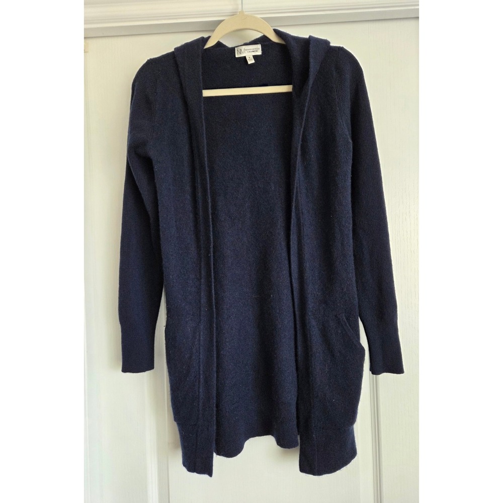 Neiman Marcus Cashmere Long Line Open Front Navy Cardigan Hooded Sweater Sz S